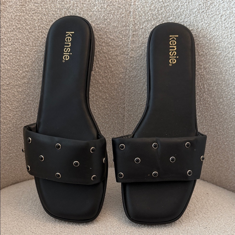 Kensie Black Slide Sandals with Silver Studs